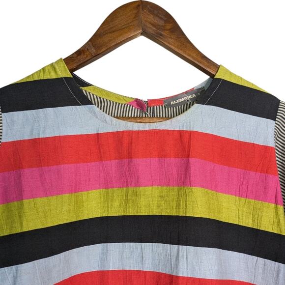 Alembika Mixed Print Media Striped Linen Top Small Multicolor Lagenlook Artsy - Picture 2 of 11